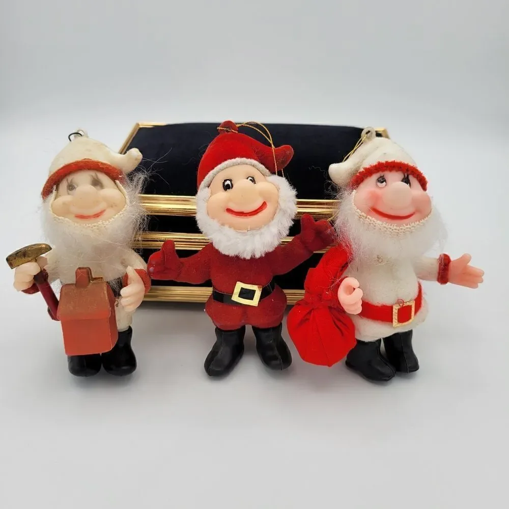 Adorable Trio of Vintage Flocked Santa & Santa's Helpers Elves Ornaments